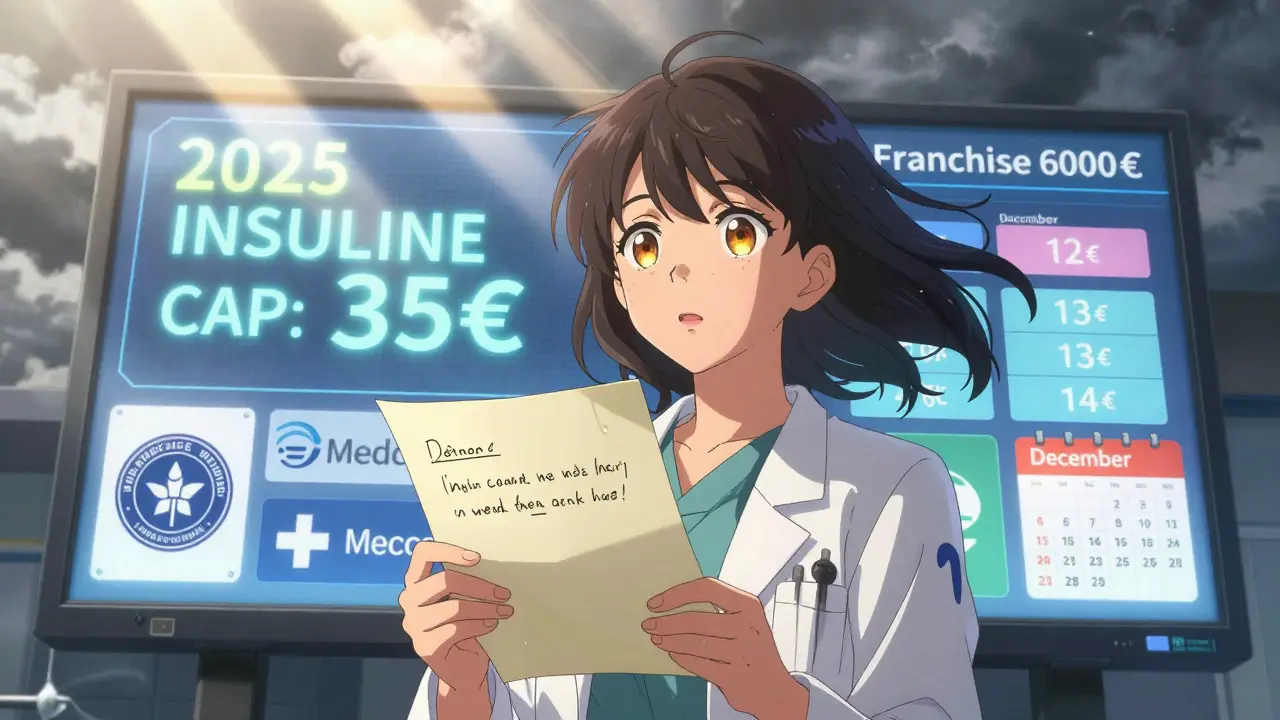 Femme tenant une lettre médicale devant un écran affichant le plafond de 35€ pour l'insuline en 2025.