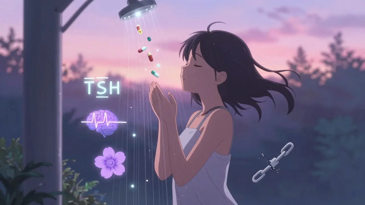 Fille sous une pluie de comprimés qui se transforment en lumière, symboles de paix et guérison autour d'elle.