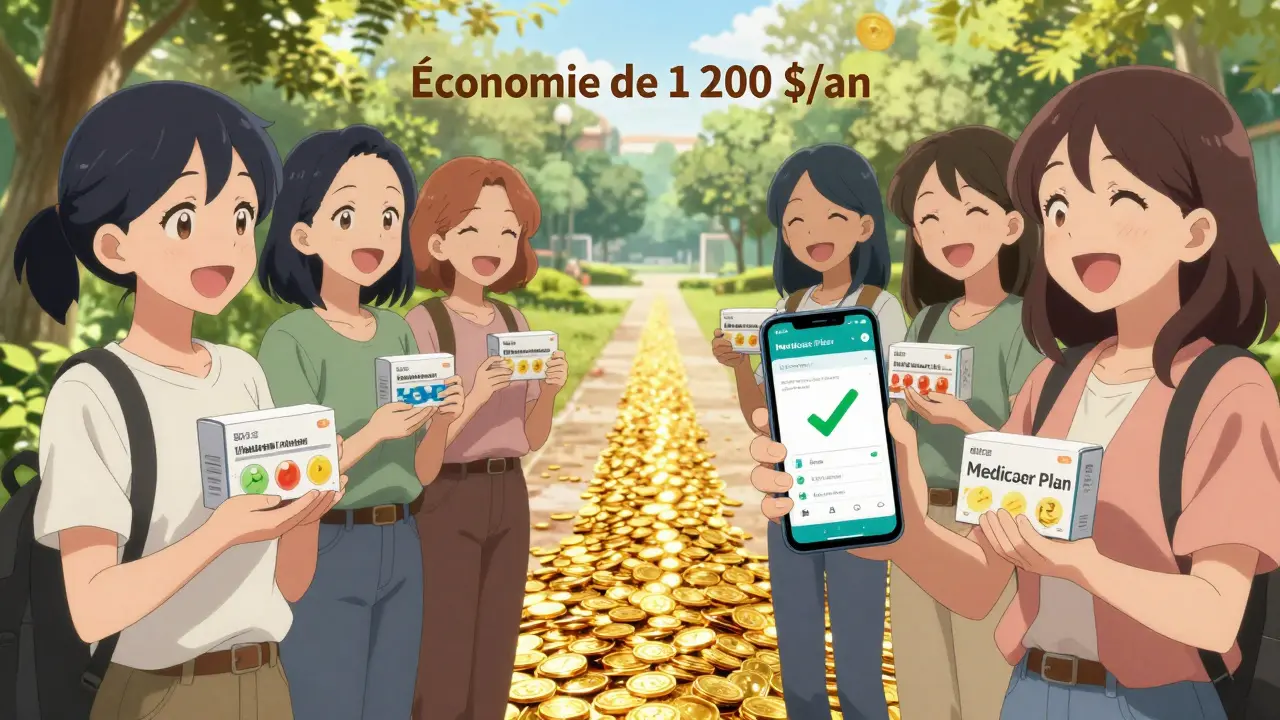 Groupe de femmes riant dans un parc, tenant des médicaments génériques et un téléphone affichant un outil de comparaison de prix.