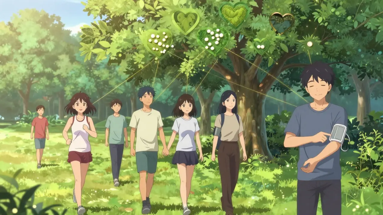 Groupe de personnes dans un parc au lever du jour, symbole de rétablissement de la santé sexuelle.