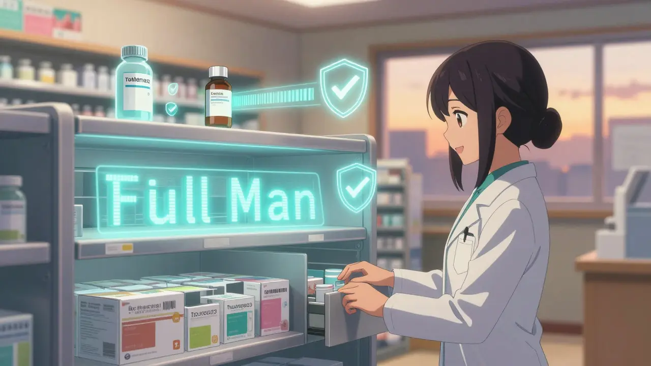 Intérieur de pharmacie avec trois systèmes de sécurité visuels flottants : séparation physique, lettres hautes et scan.