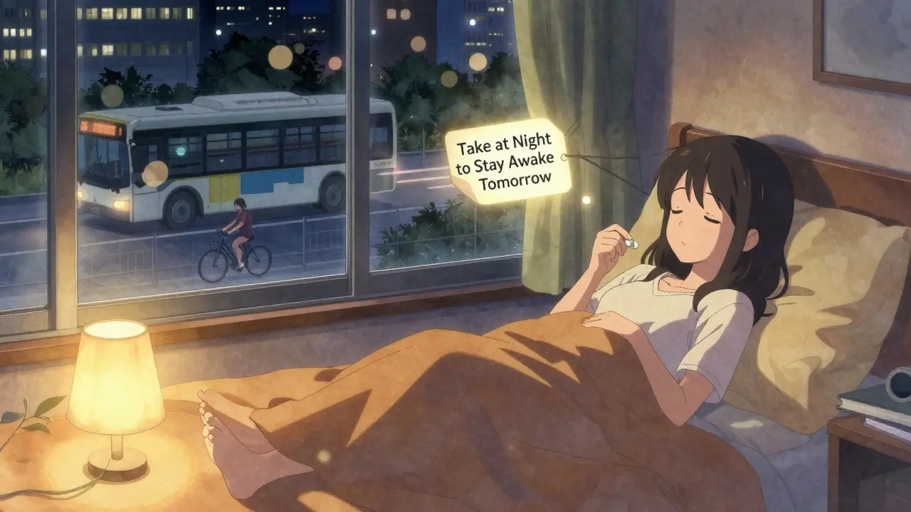 Jeune fille prenant un médicament le soir, ville animée en arrière-plan, ambiance chaleureuse.