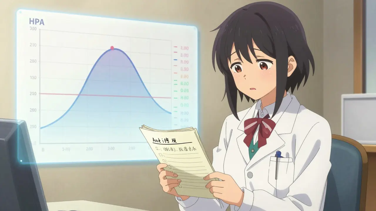 Jeune fille remet un carnet d'anxiété à son médecin, des schémas médicaux flottent en arrière-plan.