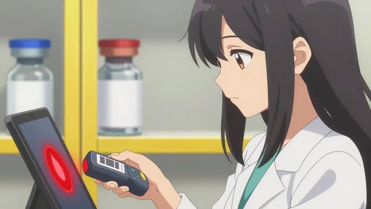 Main de pharmacienne scannant un code-barres avec une alerte rouge sur un écran, deux flacons d'insuline séparés.