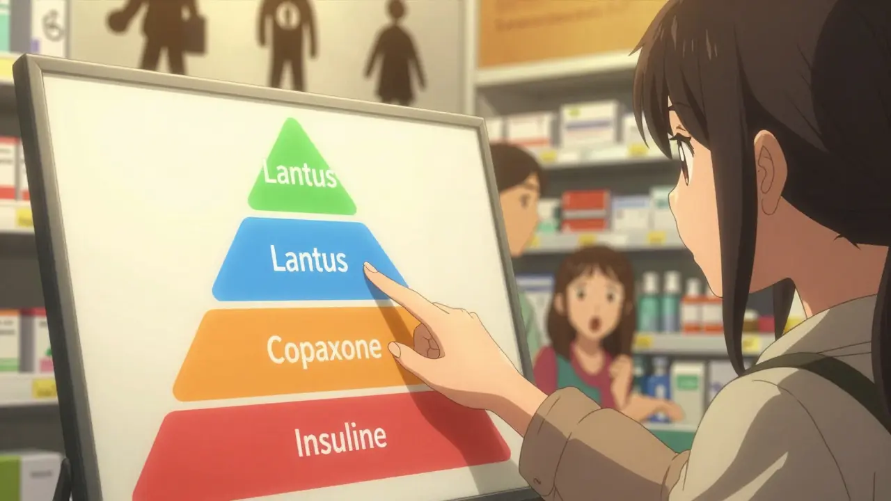 Main pointant sur un tableau coloré des étages de médicaments avec des noms d'insuline et traitements spéciaux.