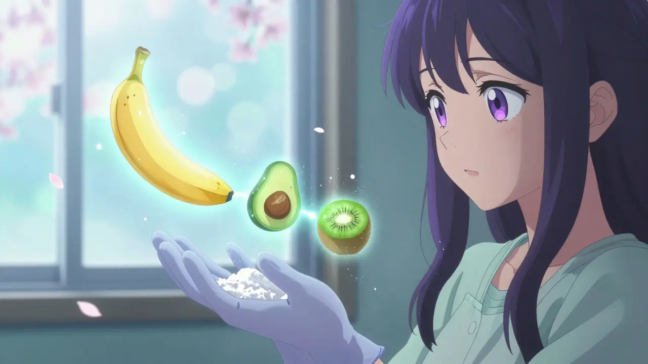 Mains tenant un gant sans latex, fruits réactifs flottant autour comme énergie.