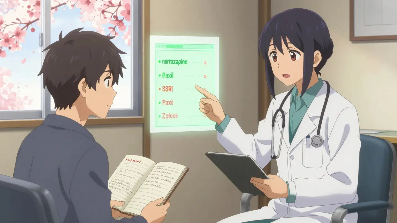 Médecin et patient en consultation, un tableau comparant les antidépresseurs en arrière-plan.