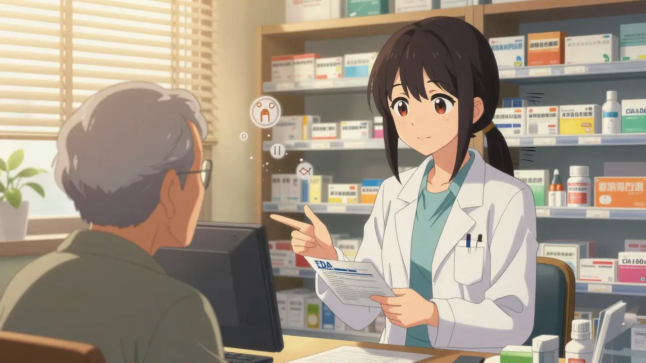 Pharmacien expliquant une alerte de sécurité à un patient âgé dans une pharmacie de quartier.