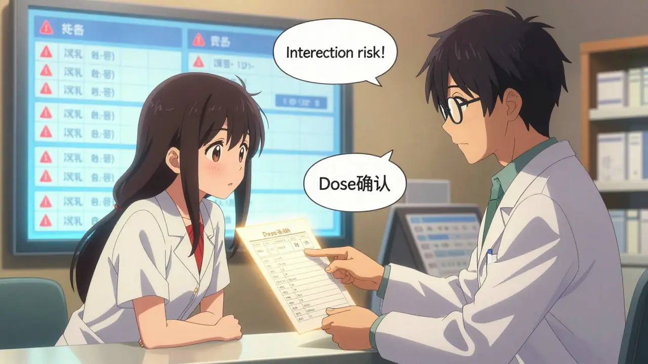 Pharmacien vérifiant une liste de médicaments avec une patiente, des alertes numériques flottantes autour d'eux dans une pharmacie bien éclairée.