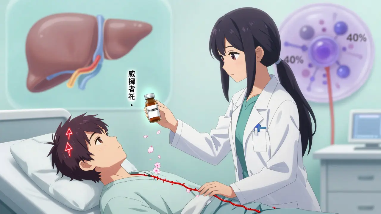Pharmacienne tenant une pilule de morphine près d'un patient dont un score Child-Pugh élevé émet une lueur rouge.