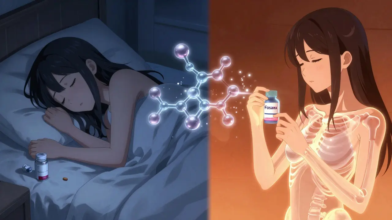 Scène en deux parties : prise du médicament le matin et du magnésium le soir, séparées par une barrière temporelle.