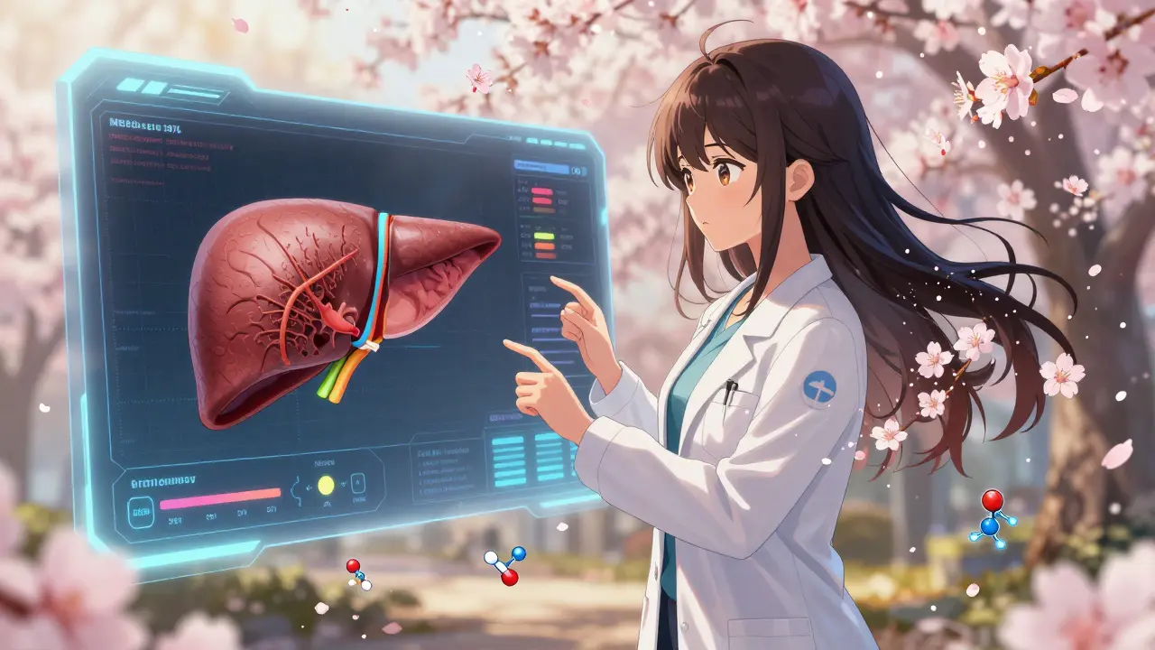 Scientifique analysant un modèle 3D du foie avec des données pharmacocinétiques flottantes comme des pétales numériques.