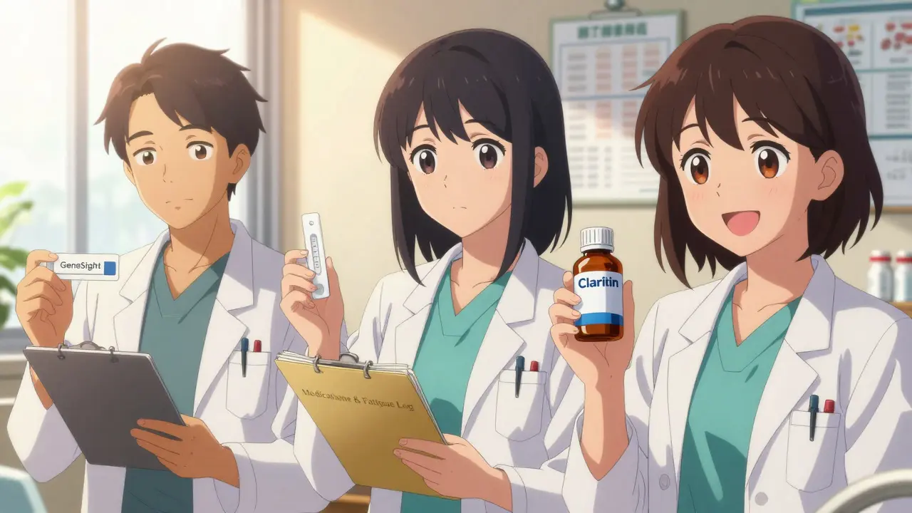 Trois jeunes en consultation médicale, un test génétique et un nouveau médicament en main, lumière dorée.