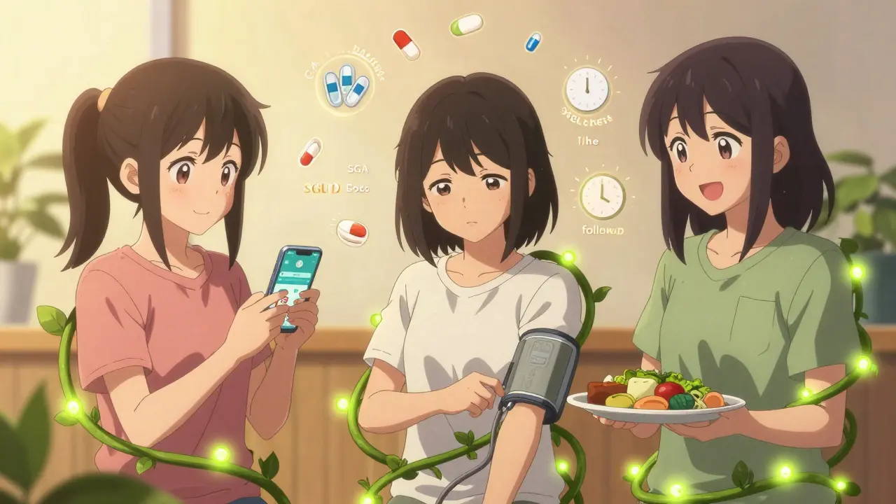 Trois jeunes femmes surveillant leur santé rénale avec des outils numériques et une alimentation saine.