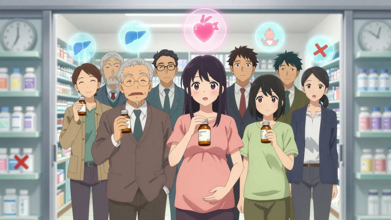 Trois personnes tiennent chacune un médicament pour un seul symptôme, protégées par une lueur de sécurité.