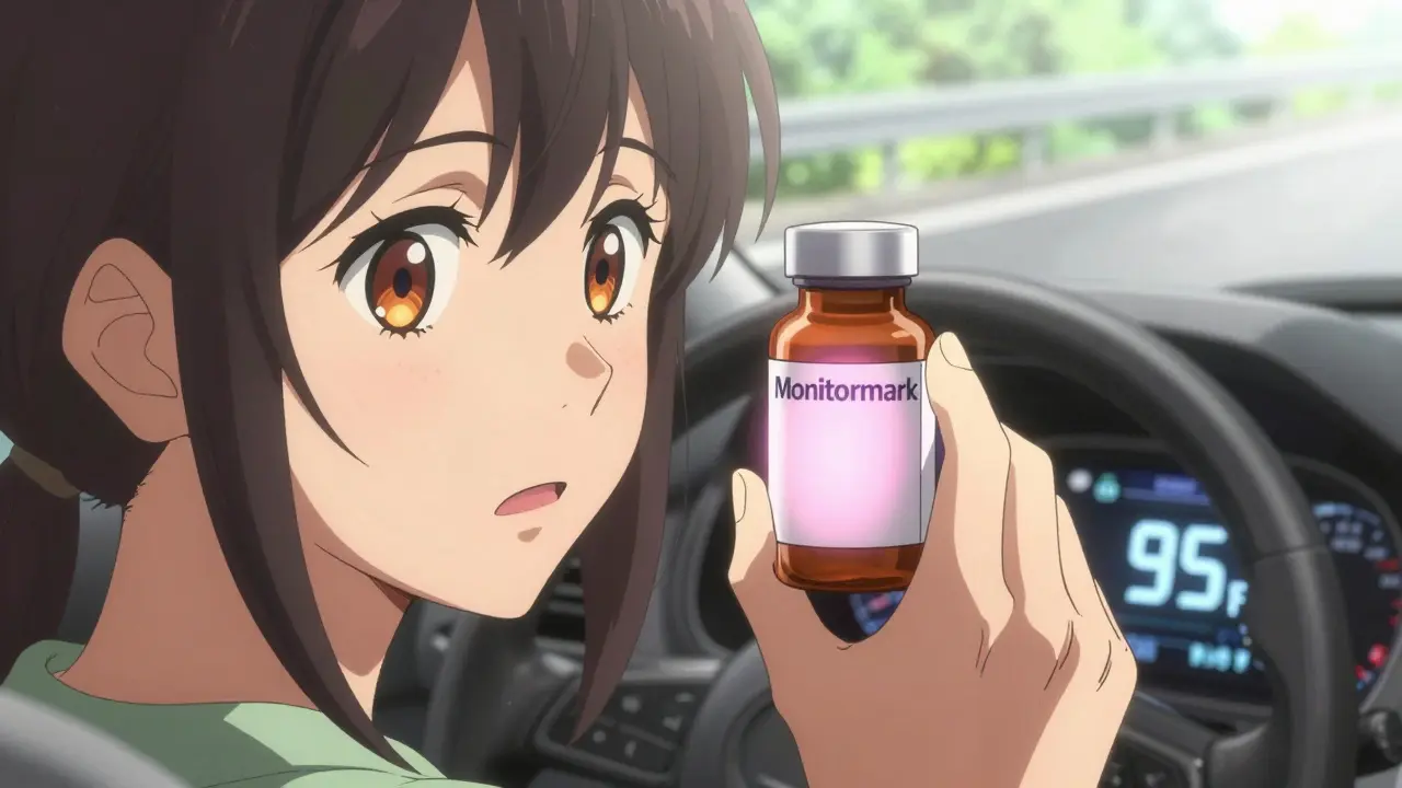 Une étiquette intelligente change de couleur sur un flacon de médicament exposé à la chaleur.