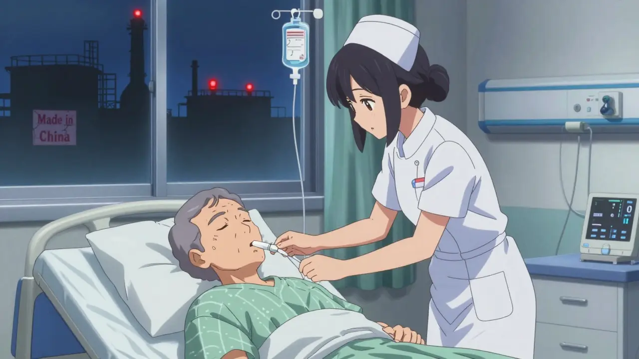 Une infirmière administre une solution orale à un patient en soins intensifs, un sac IV vide pend à côté.