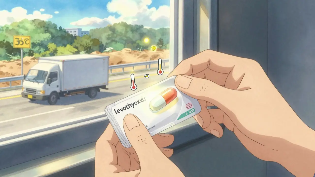 Une main ouvre un emballage intelligent révélant une pilule stable, avec des icônes de température flottantes autour.