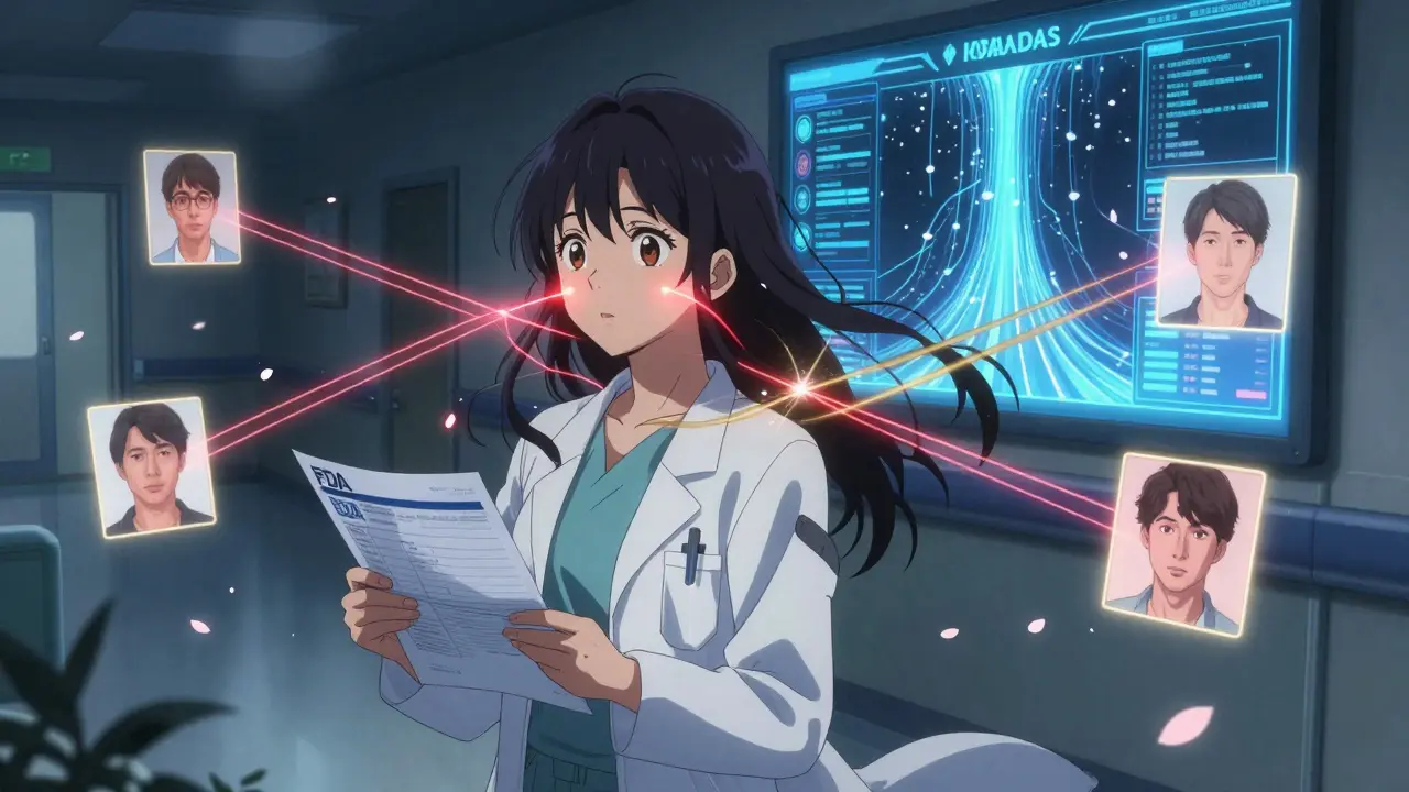 Une médecin comprend l'impact d'une alerte FDA en voyant des avatars de patients connectés par des lignes de données.