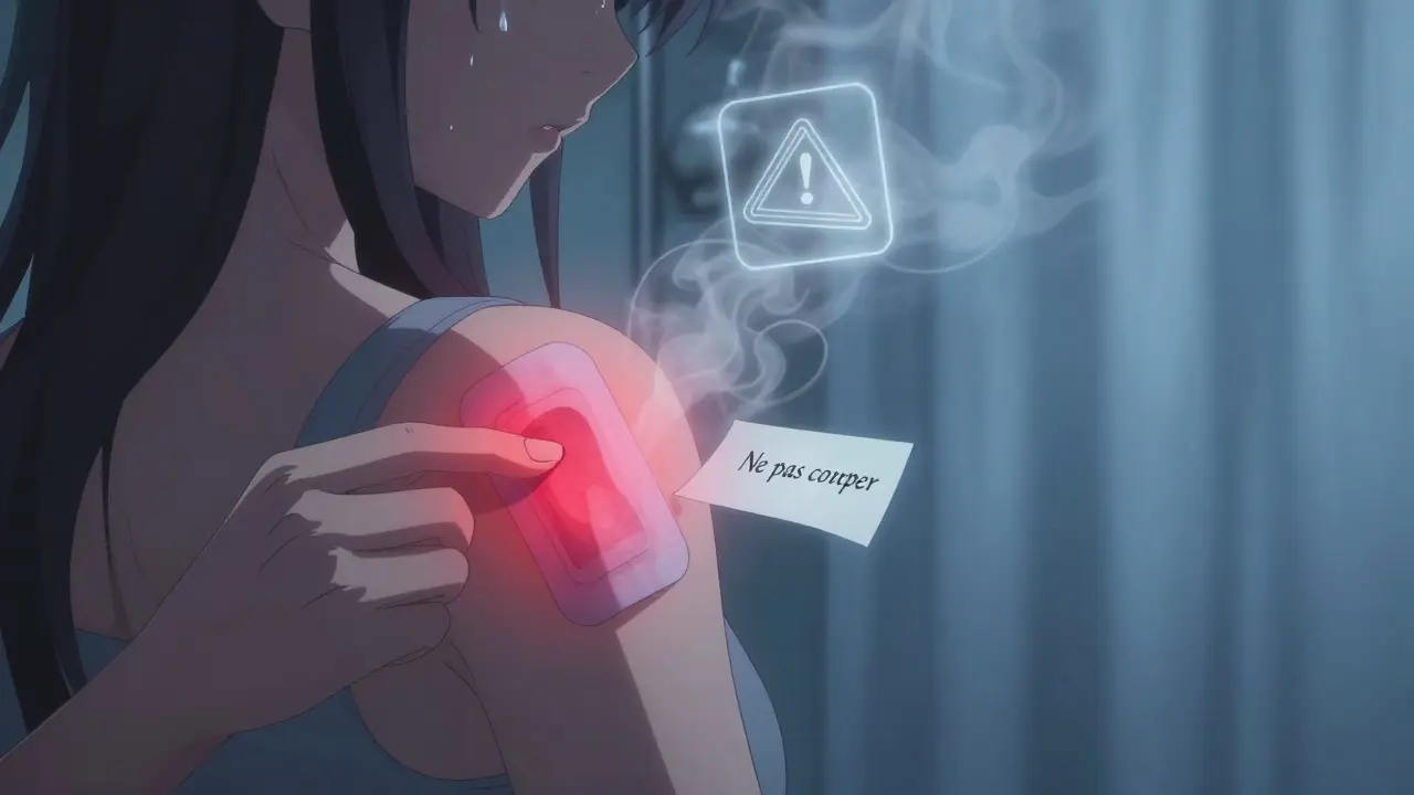 Une patch de fentanyl sur le bras, avec un avertissement rouge et une note 'Ne pas couper'.