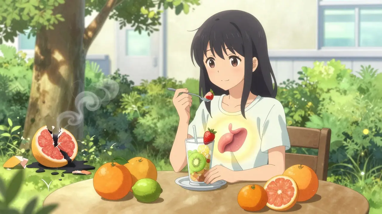 Une patiente mange des fruits sûrs dans un jardin, un pamplemousse pourri se décompose à l'ombre derrière elle.