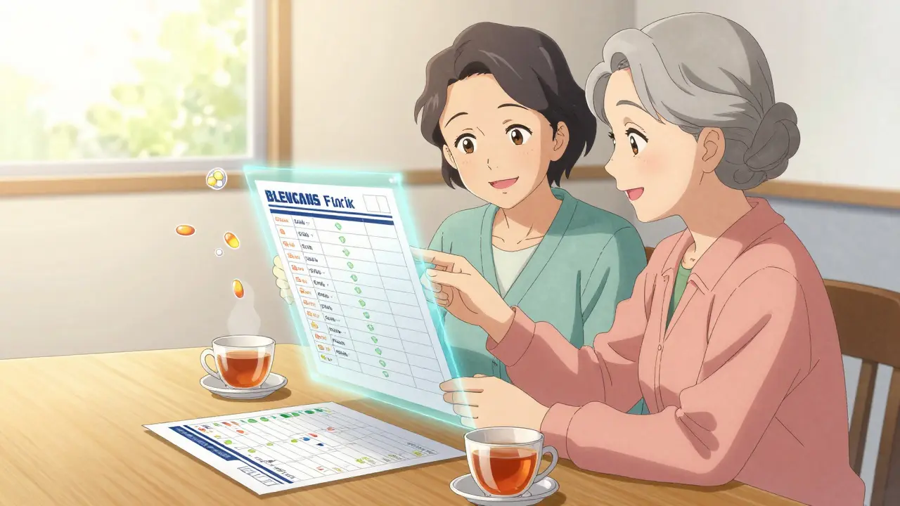 Une personne âgée et un pharmacien examinent ensemble une fiche de médicaments à la table.