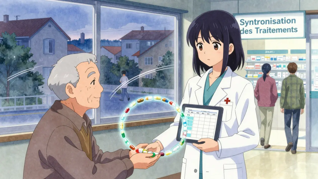 Une pharmacienne et un patient âgé se tiennent la main, entourés de pilules lumineuses formant un cercle de santé, dans une pharmacie chaleureuse au crépuscule.