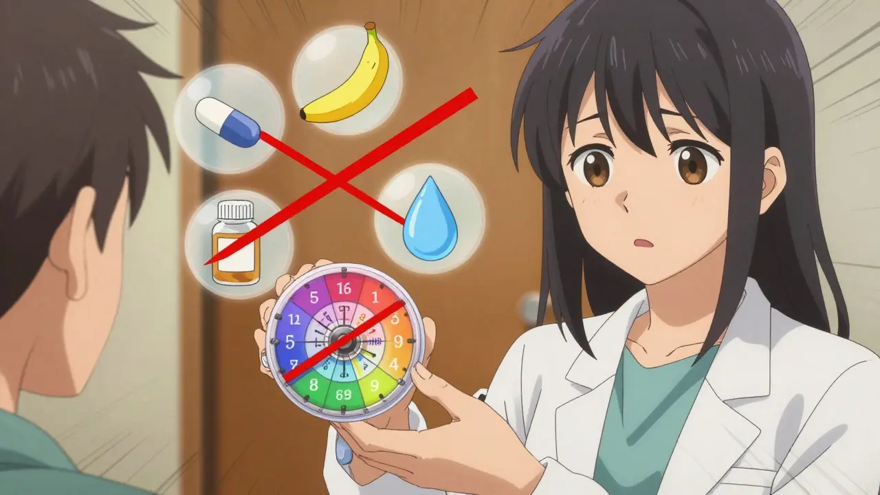 Une pharmacienne explique un dispositif de planification des prises médicamenteuses à une patiente.