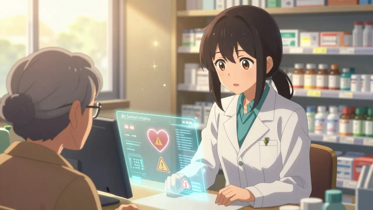 Une pharmacienne explique une alerte de sécurité à un patient âgé dans une pharmacie de quartier.