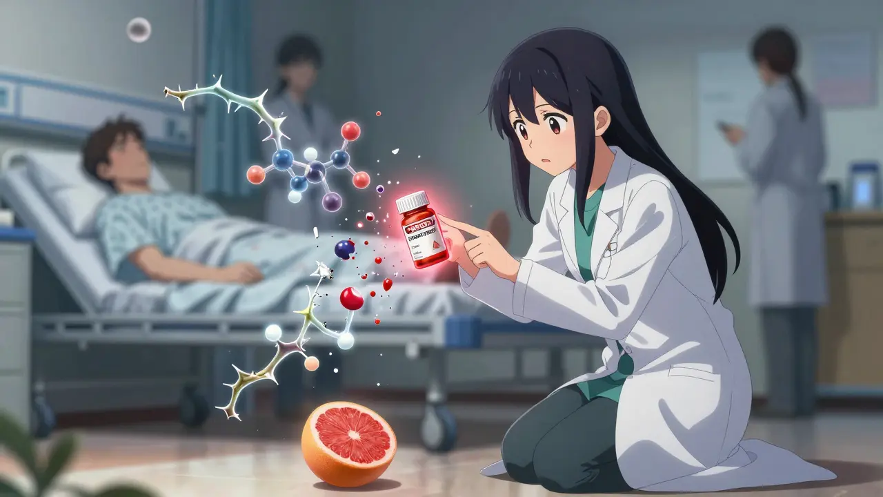 Une pharmacienne montre un avertissement médical à une patiente, des molécules dangereuses flottant autour d'elles.