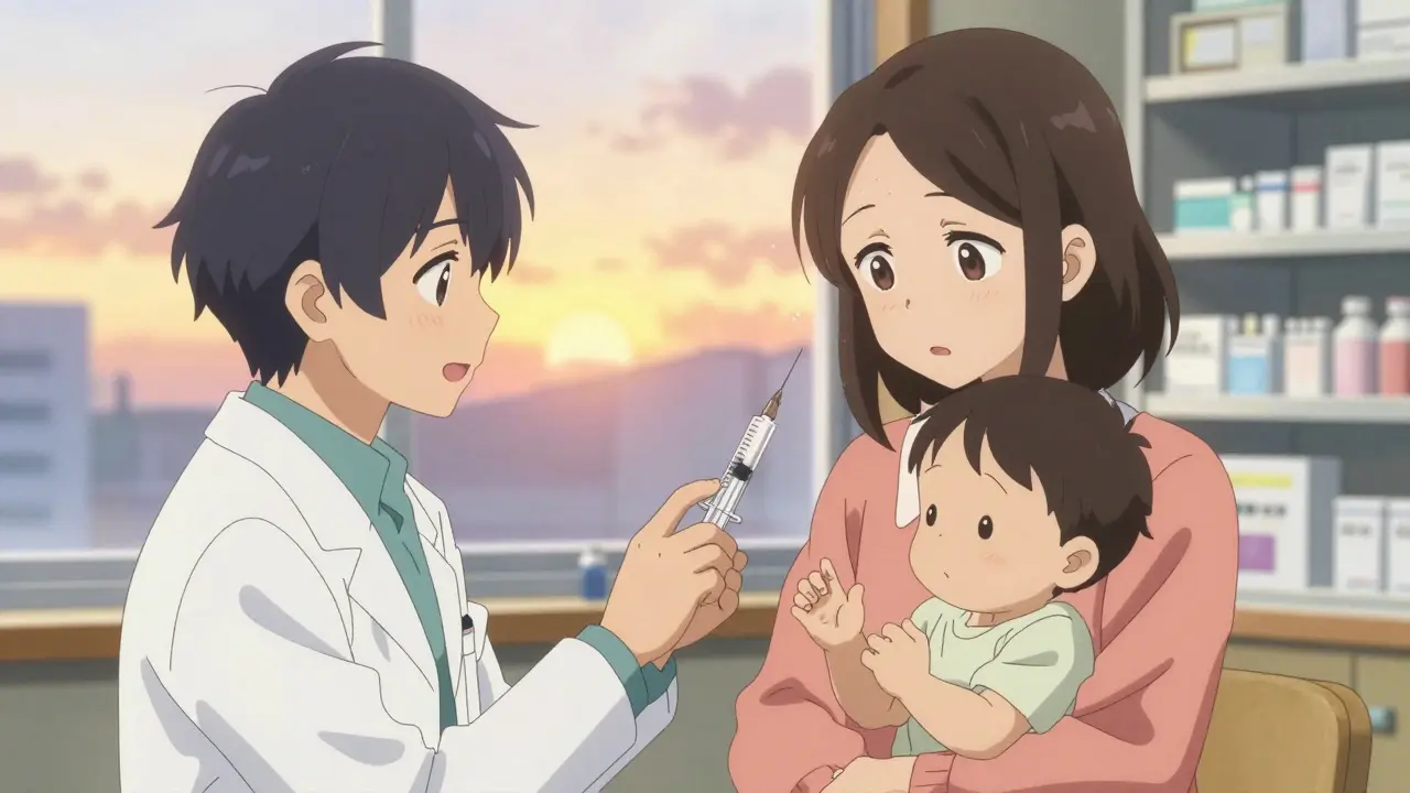 Une pharmacienne remet une seringue graduée à une mère pour administrer un médicament à son enfant.