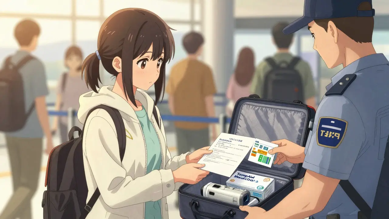 Une voyageuse présente une lettre du médecin et son emballage d’origine à la sécurité aéroportuaire.