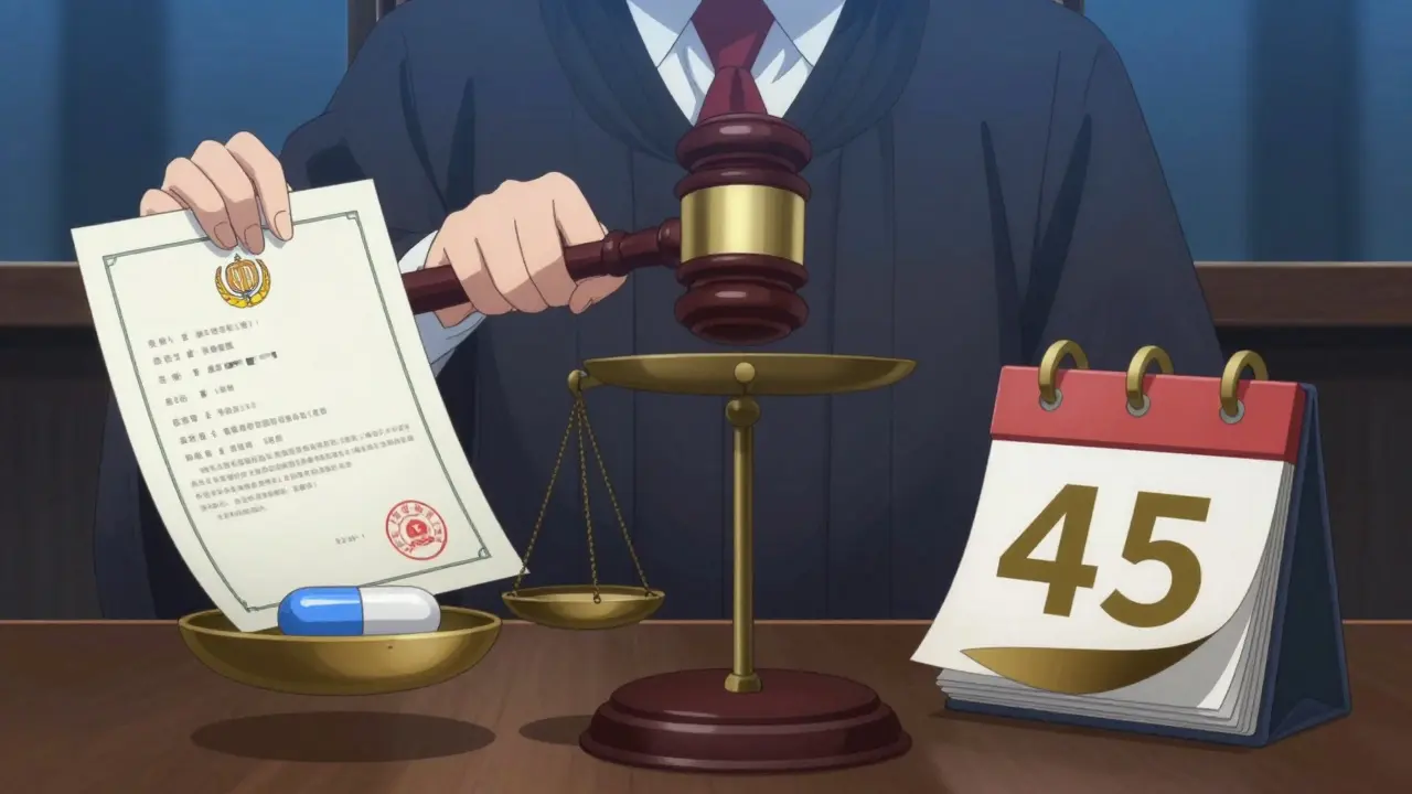 Balance juridique avec document de brevet et capsule, calendrier tournant pour 45 jours