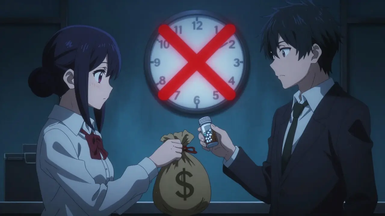 Deux personnages échangeant argent et pilule, horloge avec X pour retard