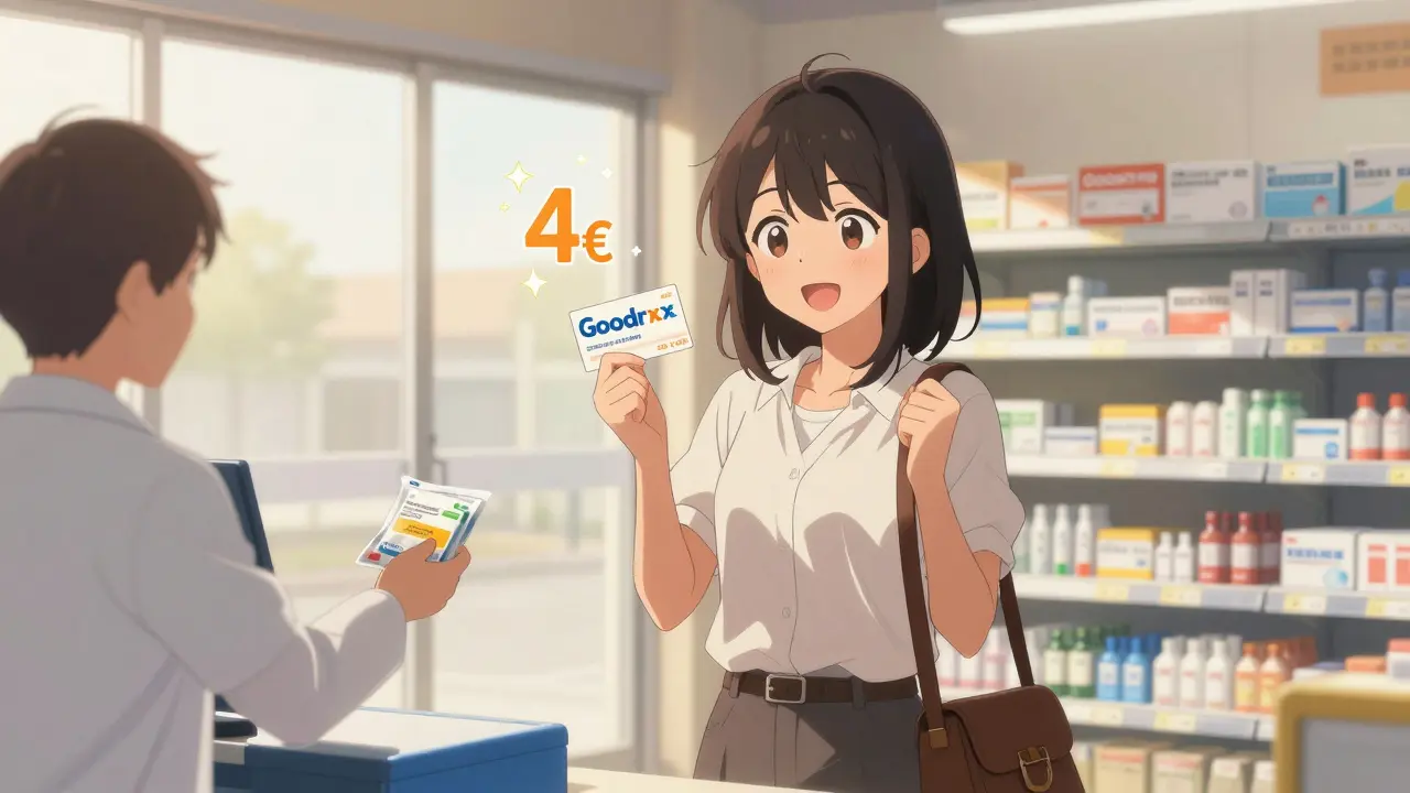 Femme souriante recevant ses médicaments à 4€ dans une pharmacie de supermarché avec un coupon.