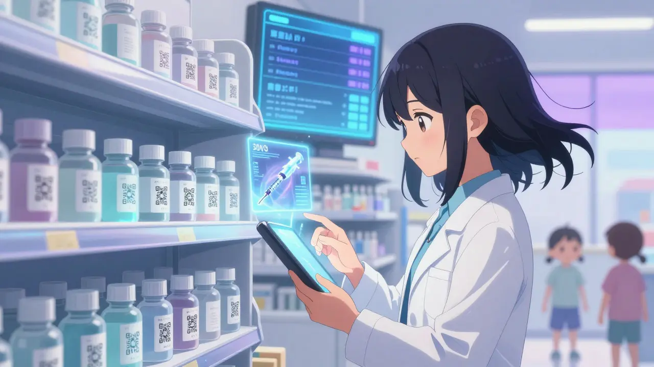 Fille scanne un code QR sur un médicament pédiatrique, une vidéo holographique montre l'utilisation d'une seringue.