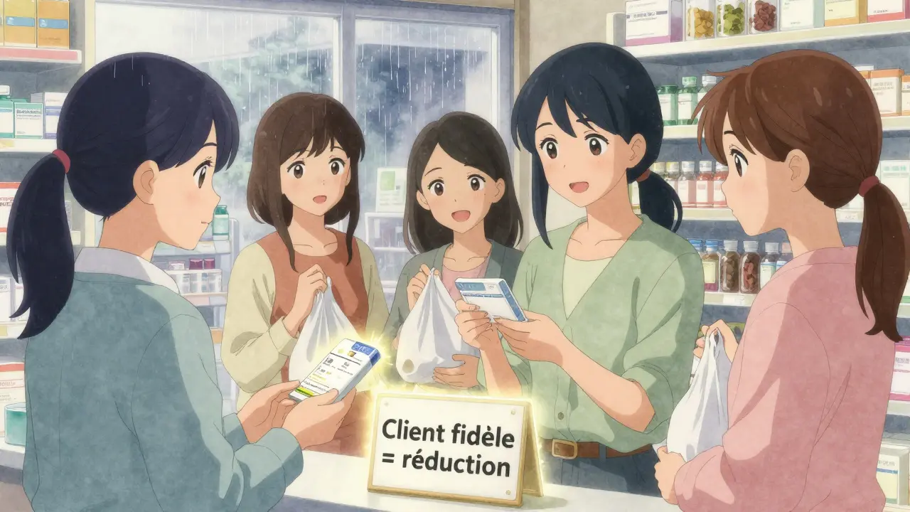 Groupe de femmes dans une petite pharmacie discutant d'une réduction fidélité pour leurs traitements.