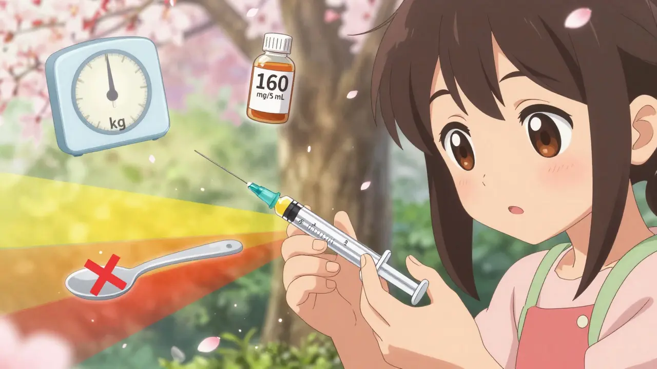 Main d'une mère administrant un médicament à un enfant avec une seringue graduée, une cuillère de cuisine barrée en arrière-plan.