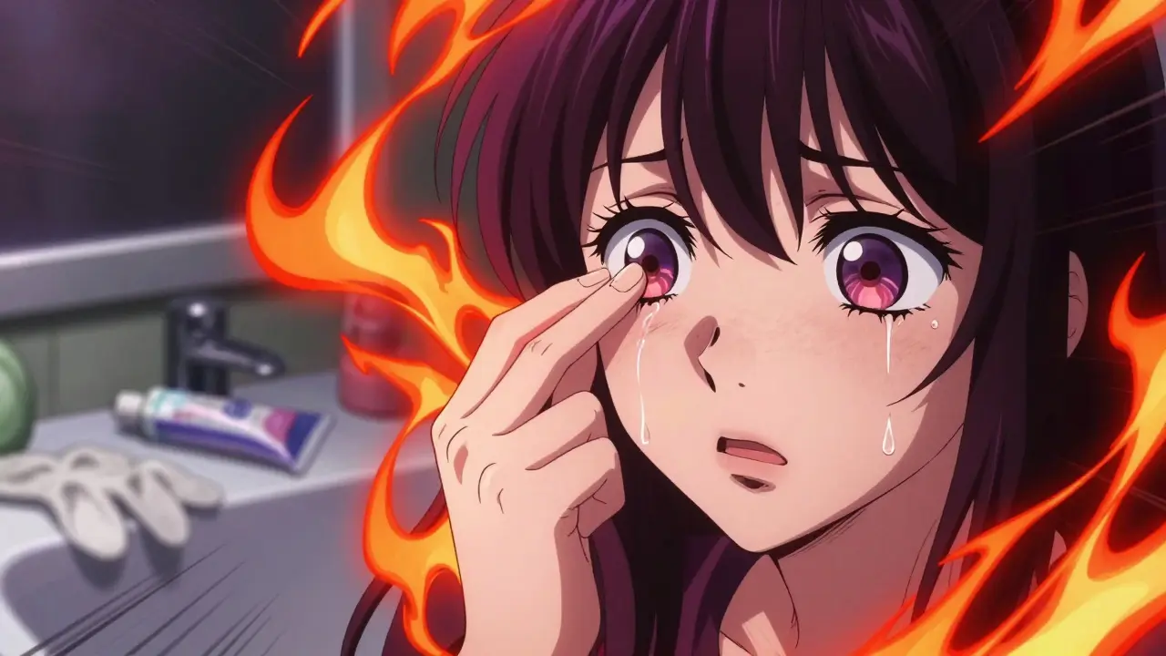 Main touchant accidentellement l'œil après application de crème à la capsaïcine, larmes et effets de chaleur visuels.