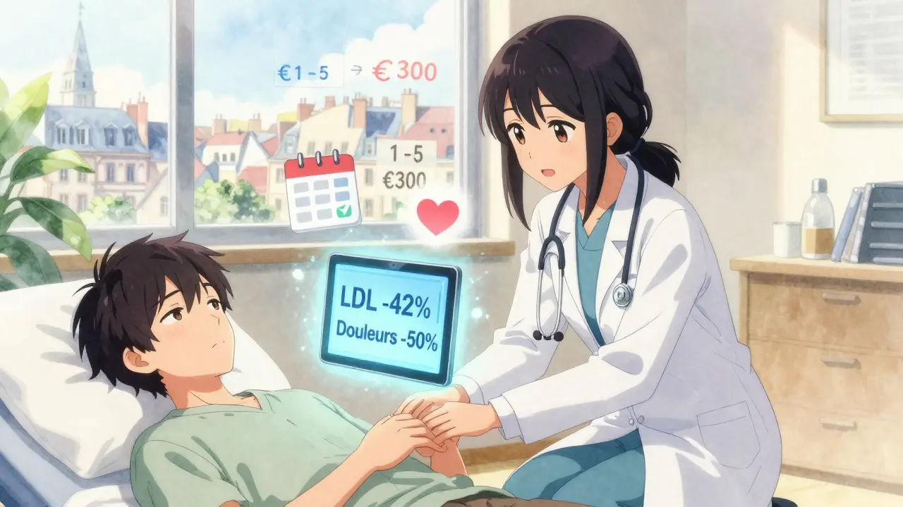 Médecin et patiente dans un cabinet médical, un tableau flottant affiche les bénéfices de la dose alternée.