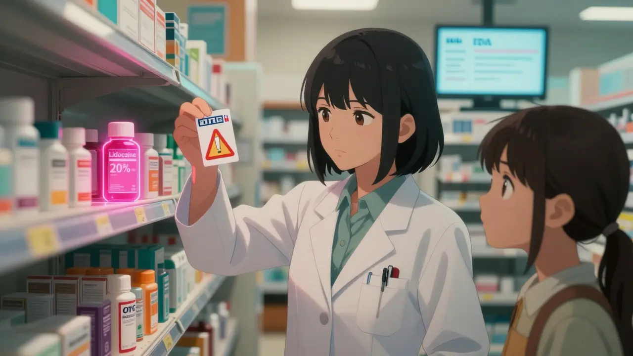 Pharmacien montrant un produit illégal contenant 20 % de lidocaïne, à côté d'autres crèmes en vente libre.