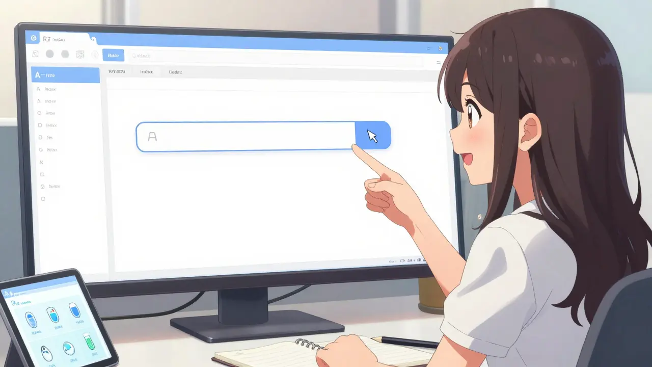 Recherche efficace sur Drugs@FDA via la barre principale, évitant l'index A-Z.