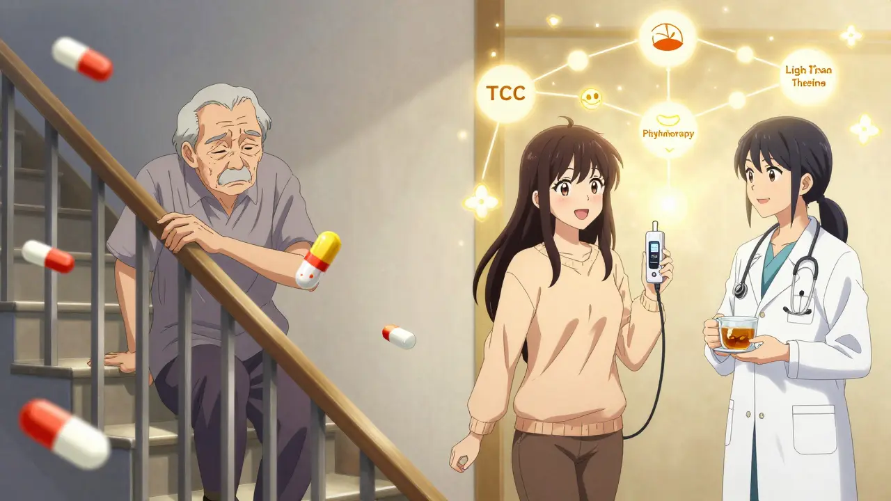 Scène divisée : à gauche, un senior en danger avec des pilules dangereuses ; à droite, le même senior en sécurité avec des alternatives thérapeutiques.