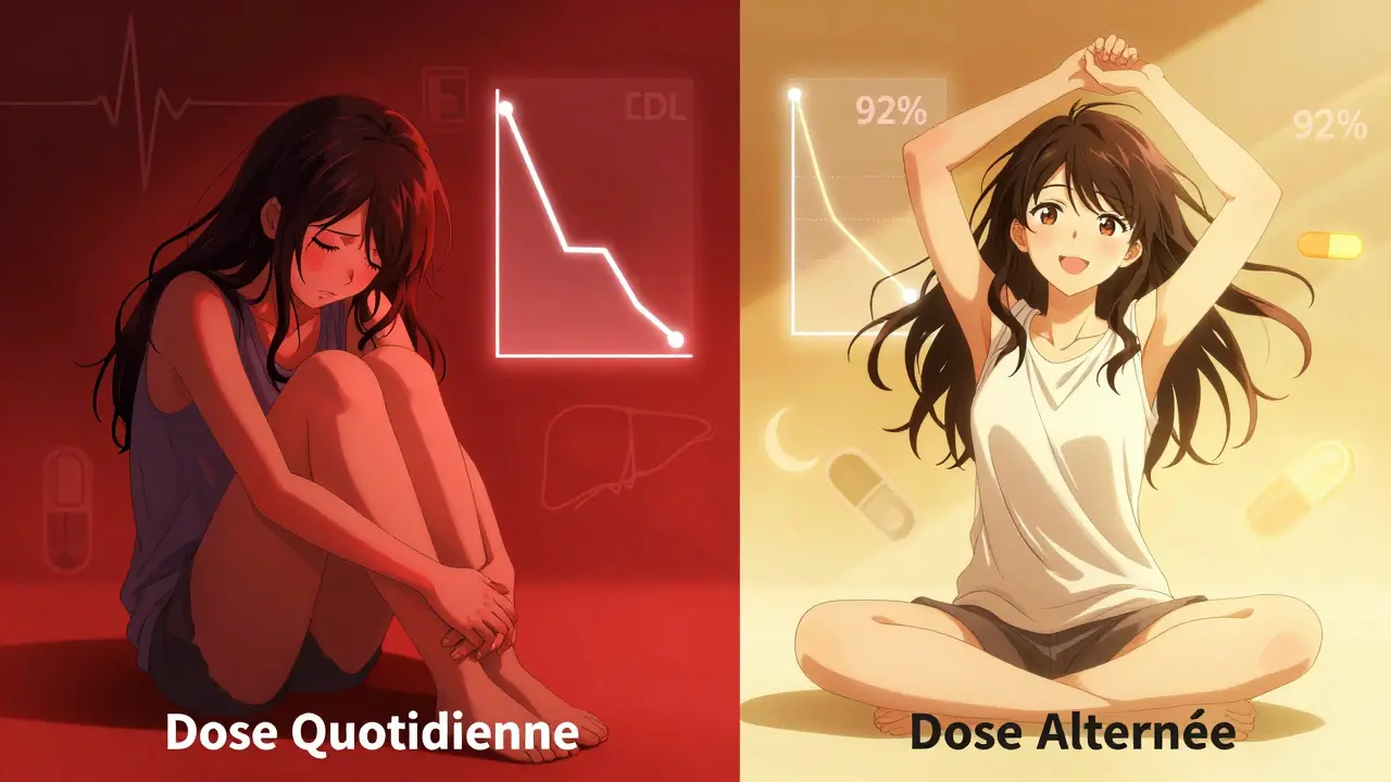 Scène divisée : douleur musculaire à gauche, soulagement avec dose alternée à droite.