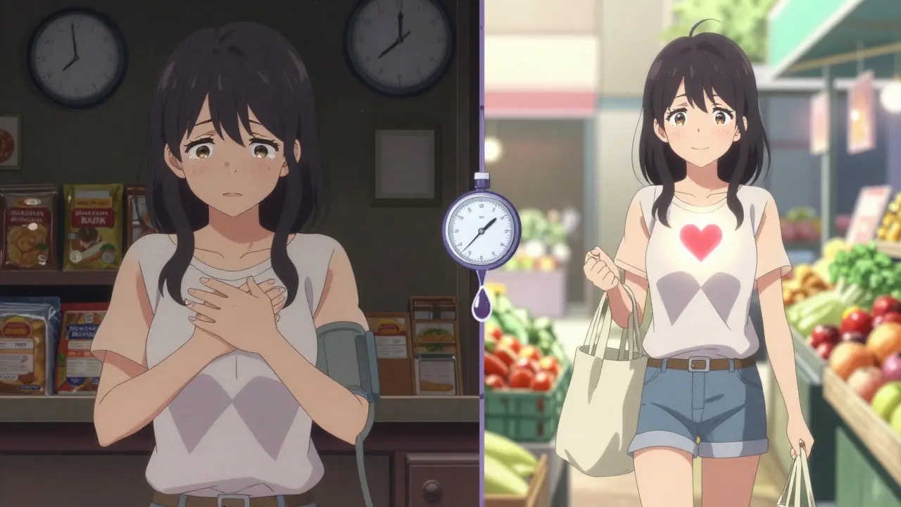 Scène divisée montrant une femme stressée entourée d'aliments transformés d'un côté, et souriante dans un marché frais de l'autre.