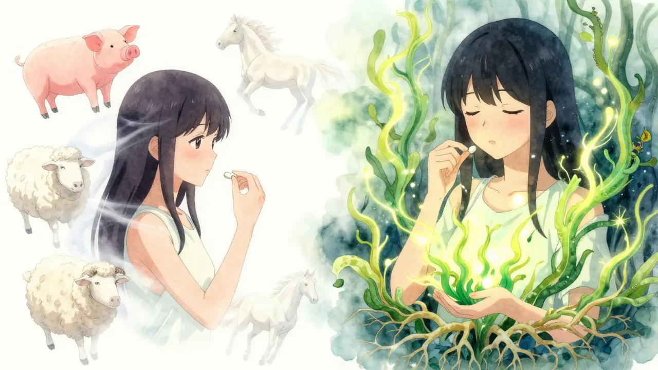 Scène symbolique : un médicament traditionnel entouré d'images animales contre une alternative végétale lumineuse.