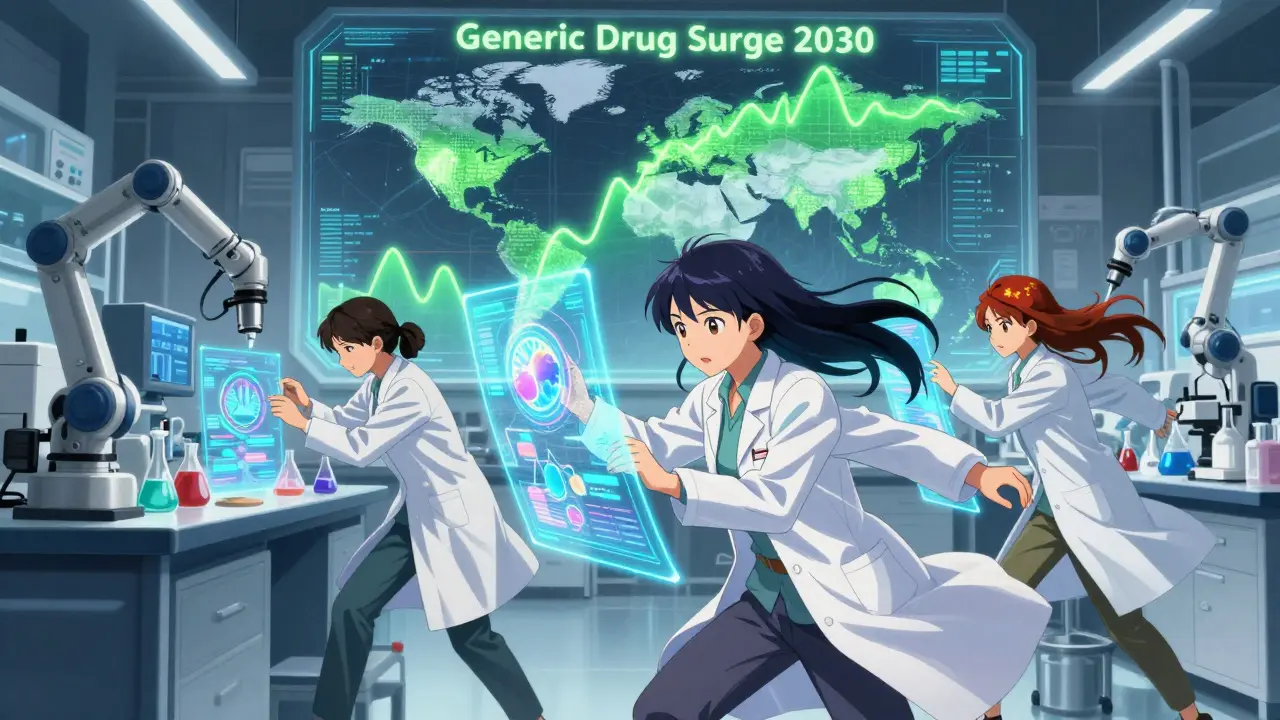 Trois scientifiques travaillent ensemble dans un laboratoire high-tech avec des projections holographiques de biosimilaires.