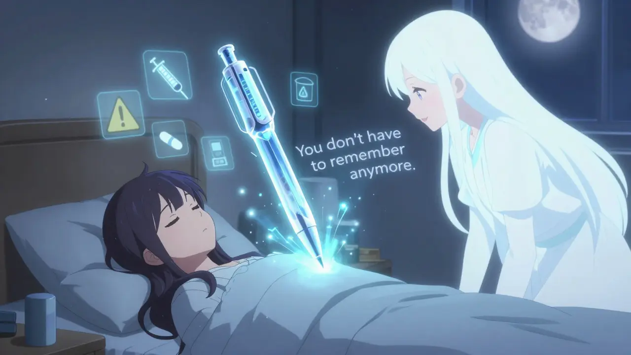 Un dispositif combiné flottant au-dessus d’un patient endormi, remplaçant les anciens outils médicaux complexes par une solution silencieuse.