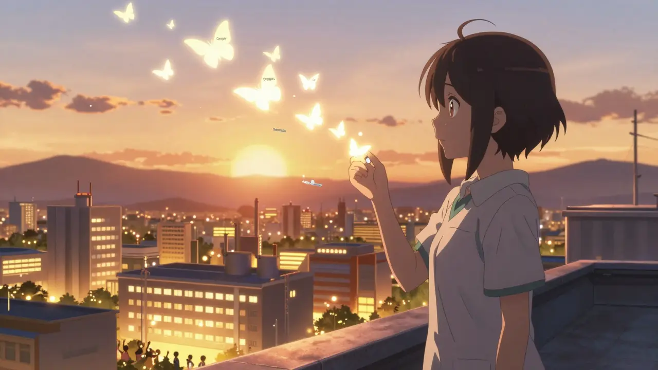 Un patient regarde des médicaments se transformer en papillons de lumière au coucher du soleil, symbolisant l'accès aux soins.