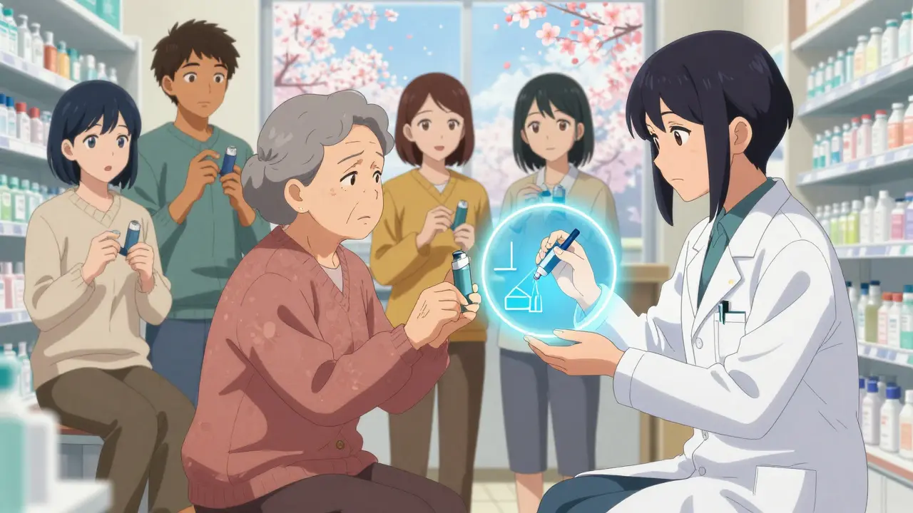 Un pharmacien montre à une patiente comment utiliser un inhalateur générique, avec un schéma lumineux en suspension.